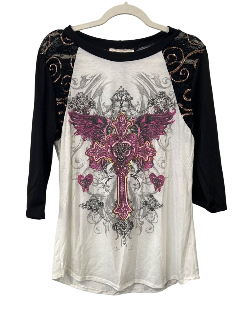Cowgirls and Diamonds Cross Graphic Raglan Shirt XL White Black Sequin Lace NEW